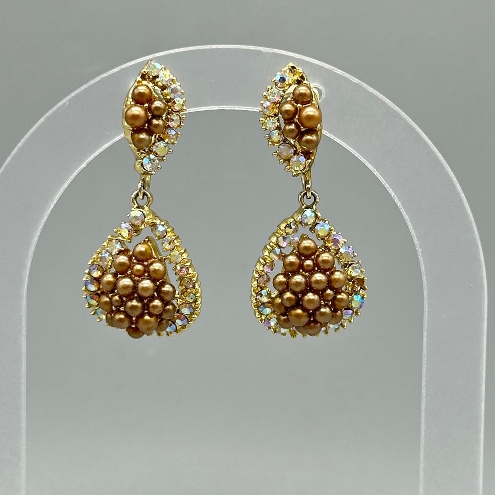 Vintage Cluster Pearl Aurora Borealis Gold Tone Clip-On Dangle Drop Earrings